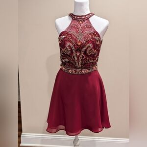 Crystal Doll Burgundy Beaded Halter Mini Dress